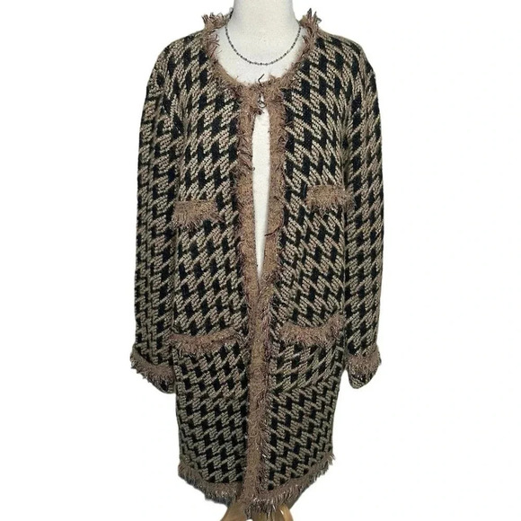 Davi‎ + Dani 2X trendy black tan gold long fringe trim long sweater coat - Picture 1 of 11